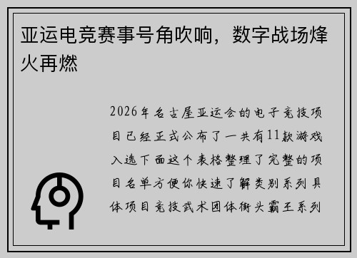 亚运电竞赛事号角吹响，数字战场烽火再燃